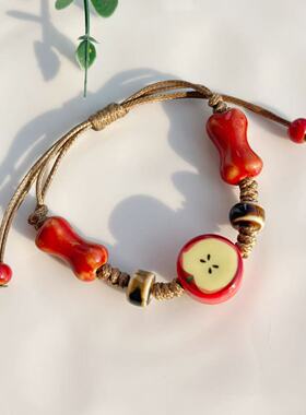 景德镇陶瓷手链陶瓷红苹果新中式简约饰品学生情侣礼物陶瓷手串