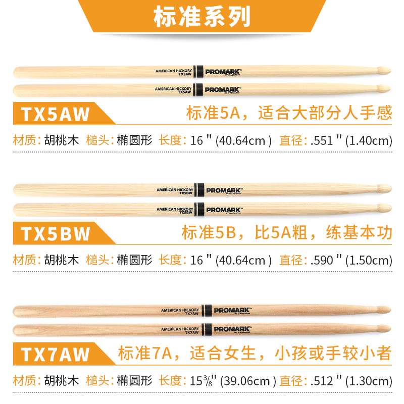 美产Promark鼓棒鼓槌5A 7A 5B 胡桃木签名款架子鼓TX5AW爵士鼓锤 - 图2