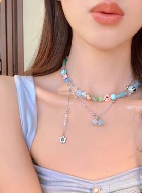 多巴胺彩色花朵项链甜酷锁骨链潮