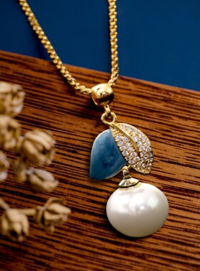 复古轻奢风珐琅滴釉蓝色树叶项链