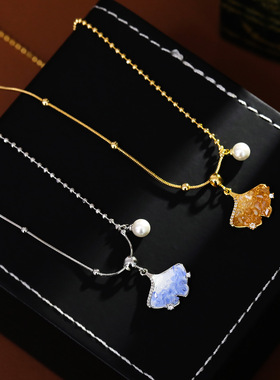 复古美拉德香槟色水晶银杏项链女