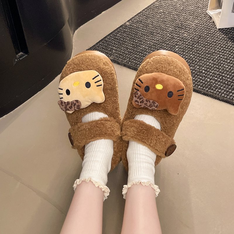 可爱奶呼呼豹纹黑皮凯蒂猫加绒棉鞋女秋冬季外穿软厚底防滑毛毛鞋 - 图0