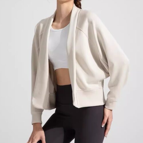 新款砂洗空气层无扣开衫长袖瑜伽外套解构设计简约舒适宽松上衣 - 图0