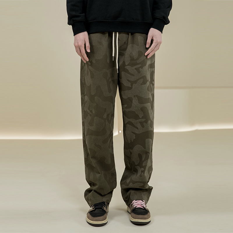 烦恼的Octopusl美式荷花刺绣迷彩裤直筒百搭复古街头百搭长裤子男 - 图1