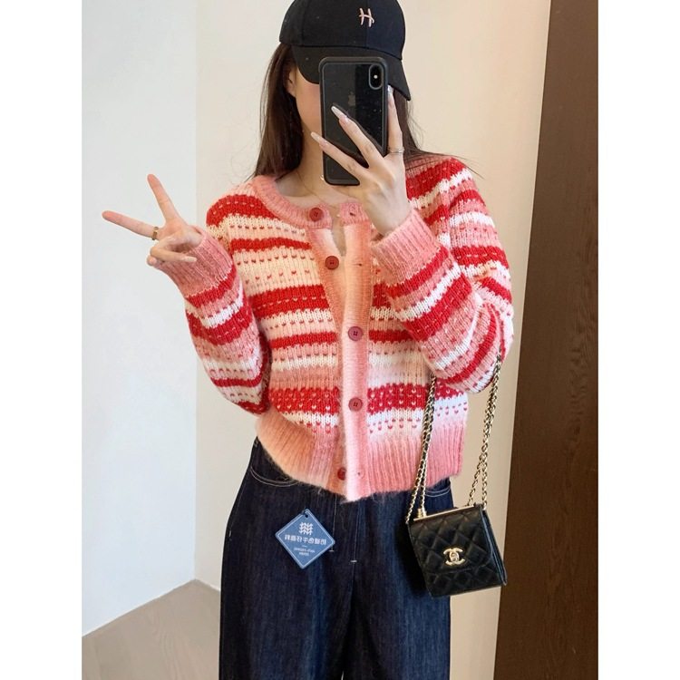 AMR UU◆氛围感 配色好美显瘦开衫针织毛衣短款外套上衣女春新款,淘宝优惠券,粉丝福利购,淘宝优惠卷