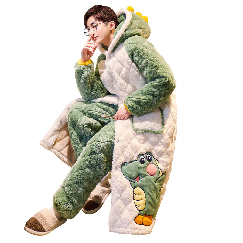 三层男士秋冬季珊瑚绒加绒夹棉睡衣 伊柔情睡袍/浴袍