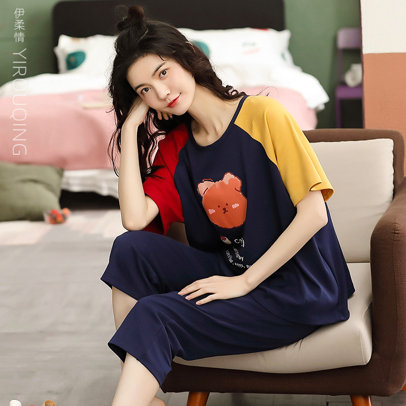 夏季短袖七分裤纯棉日系卡通睡衣 伊柔情睡衣/家居服套装