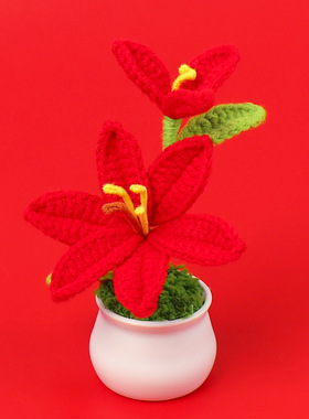 成品跨境手工毛线钩织百合花小盆栽仿真迷你家居书桌车载摆件