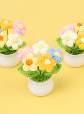 跨境手工成品毛线仿真泡芙花小盆栽diy车载桌面摆件老师同学礼物