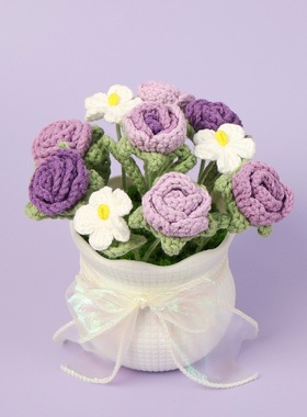 成品跨境手工毛线钩织玫瑰花小盆栽雪菲线仿真花女生生日礼物摆件