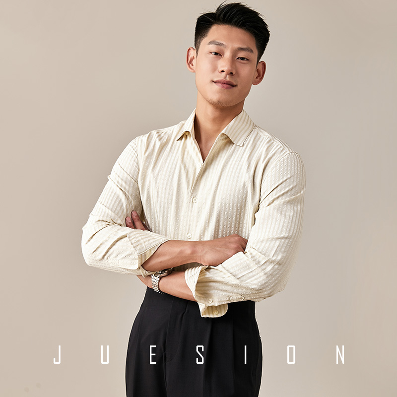 【夏日泡泡纱】JUESION 意式一片领白色衬衫男士长袖休闲薄款衬衣