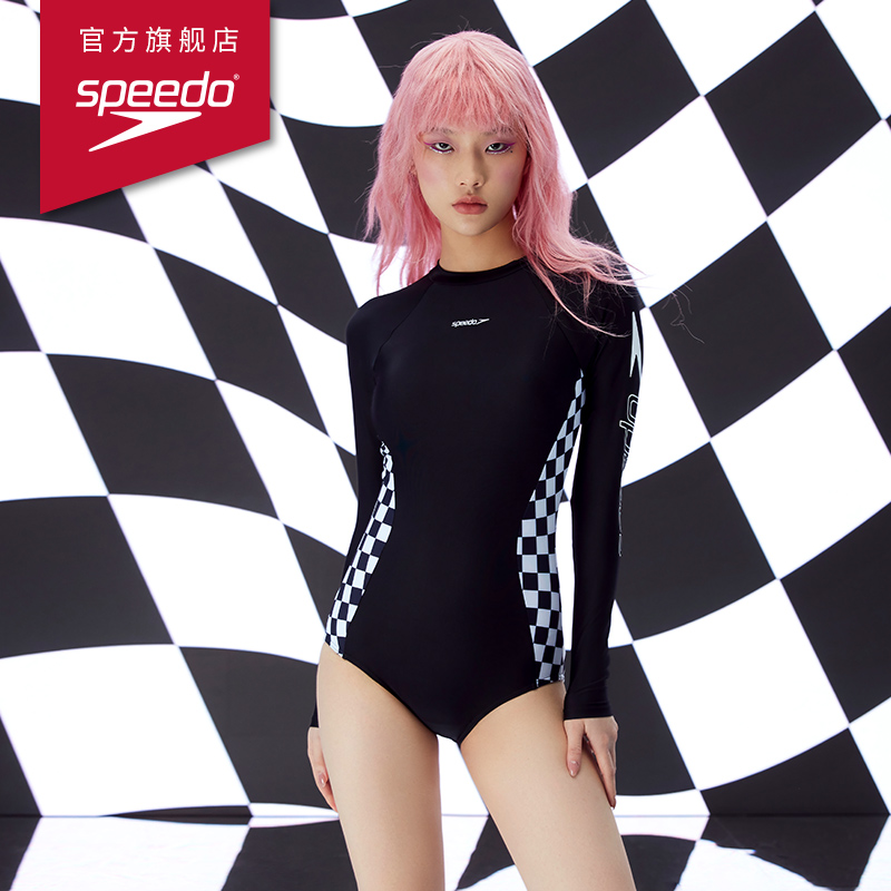 Speedo/速比涛 噪点logo系列连体长袖泳衣防晒显瘦遮肚泳衣女度假 - 图2