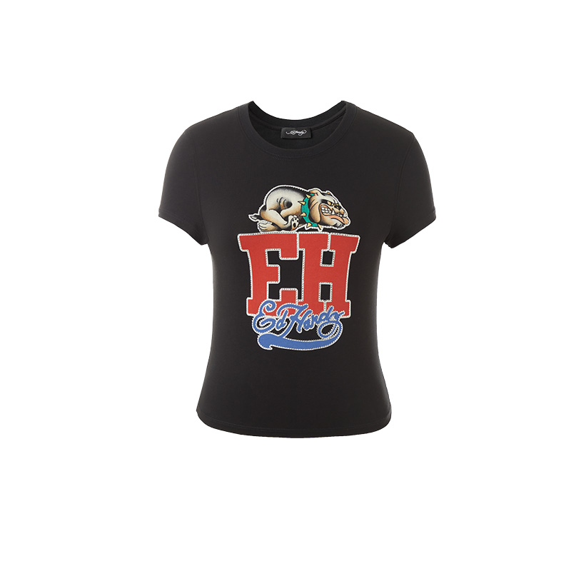 Ed Hardy埃德哈迪2025秋季新款女士黑色针织拔印烫钻紧身短袖T恤 - 图2