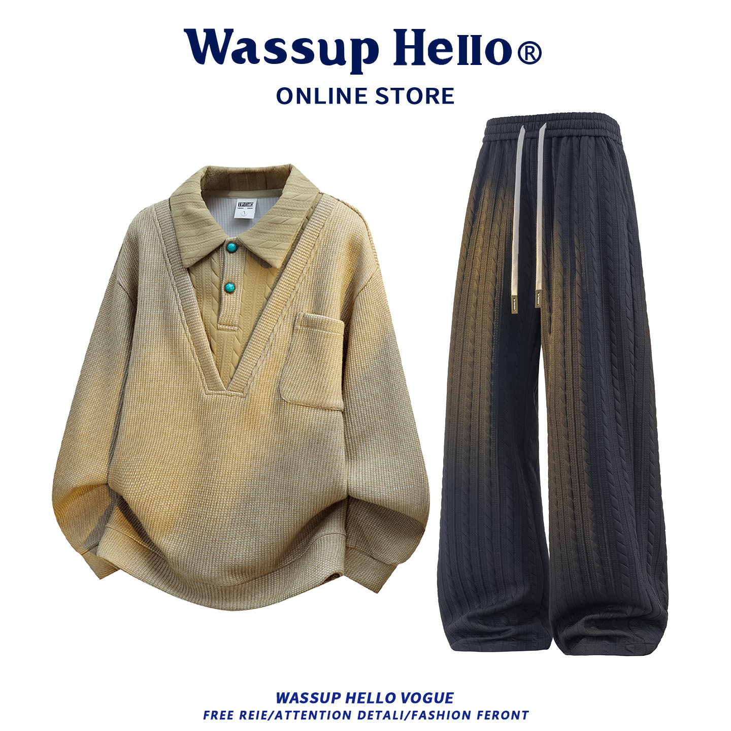 美式针织假两件休闲运动套装男款春秋季老钱风卫衣长裤穿搭两件套,淘宝优惠券,粉丝福利购,淘宝优惠卷