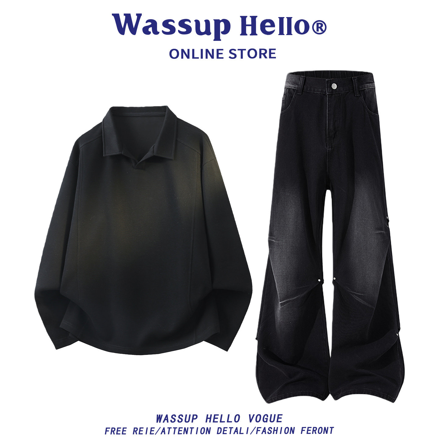 WASSUP HELLO美式风衬衫领卫衣套装男春季宽松休闲运动套装男,淘宝优惠券,粉丝福利购,淘宝优惠卷