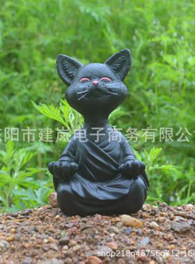 中式黑色冥想猫咪雕塑树脂工艺品