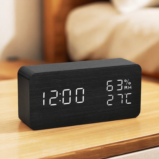 Wooden home thermometer and hygrometer indoor time display