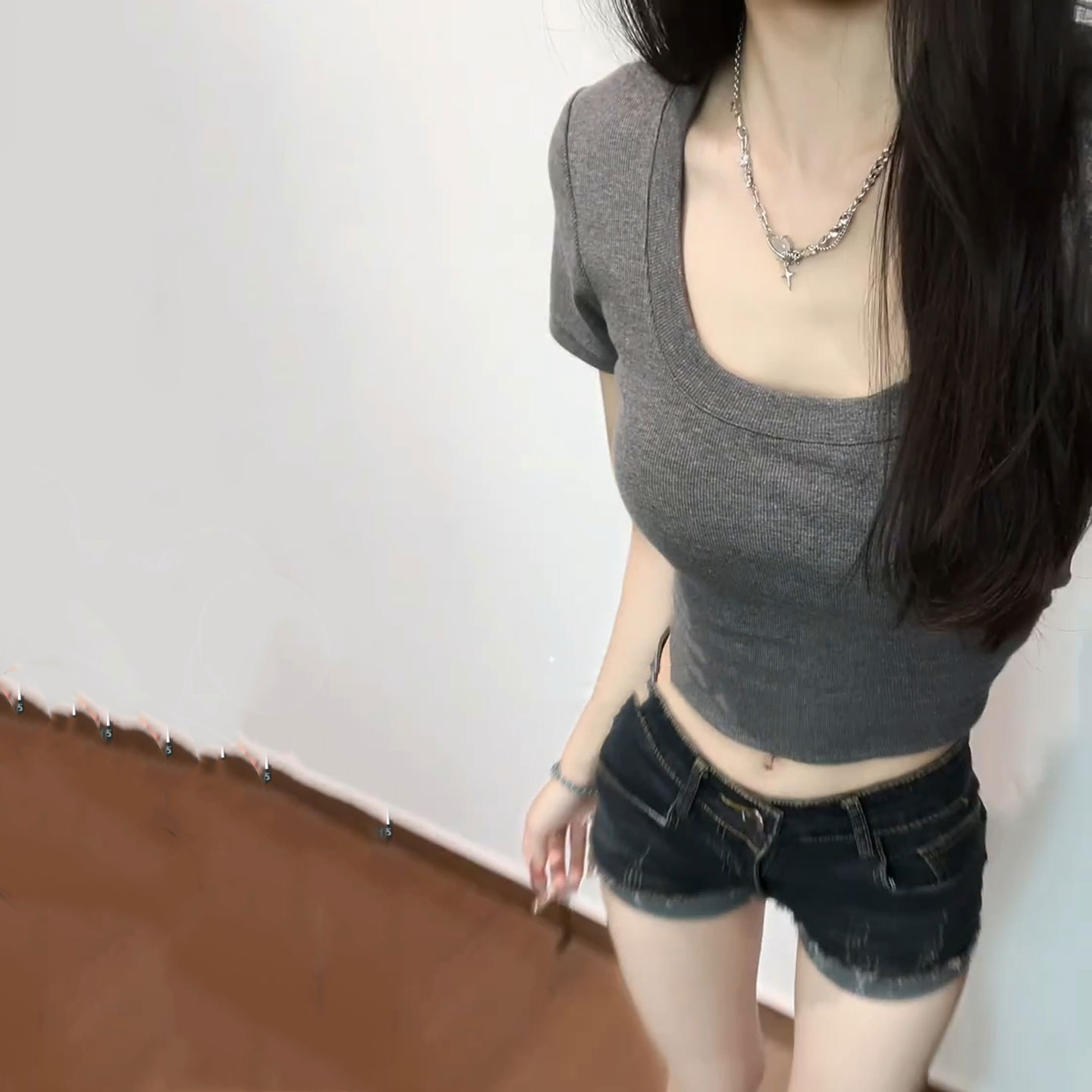 设计感小众纯棉正肩方领短袖t恤女夏季大U领口修身显瘦短款上衣服 - 图3