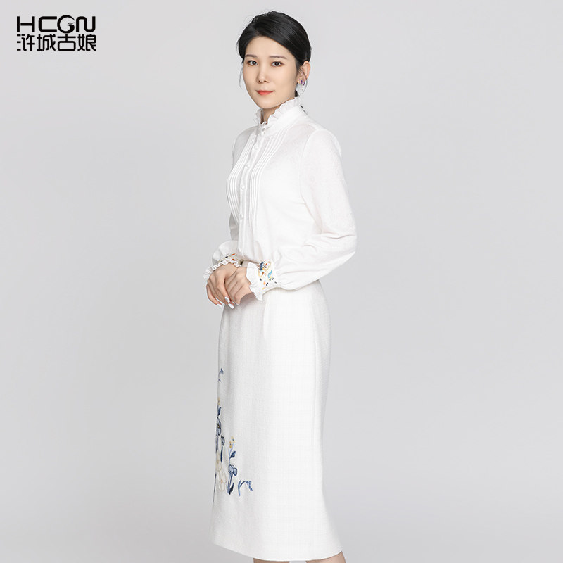 绵羊毛秋季A字显瘦精致刺绣米白色雅致百搭舒适休闲中长款女半裙,淘宝优惠券,粉丝福利购,淘宝优惠卷