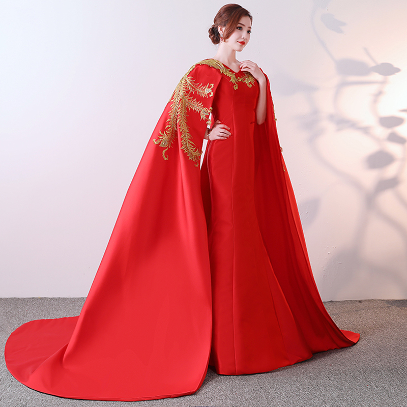 新款2023走秀服装精婚纱中国风红色中式复古走秀拍照披风绑带礼服