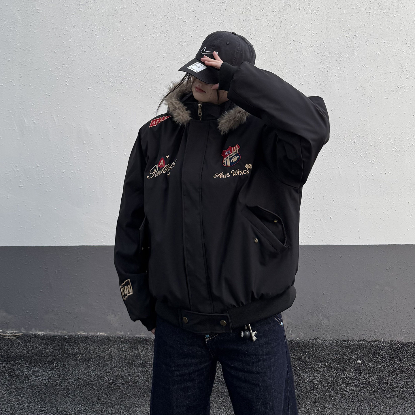 cemoliqi美式复古刺绣徽章座山雕棉衣男冬季加厚保暖飞行夹克棉服