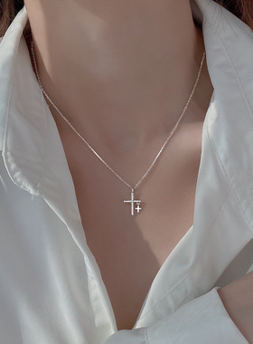 欧美通勤简约风几何型十字架镶钻吊坠s925纯银项链女跨境首饰