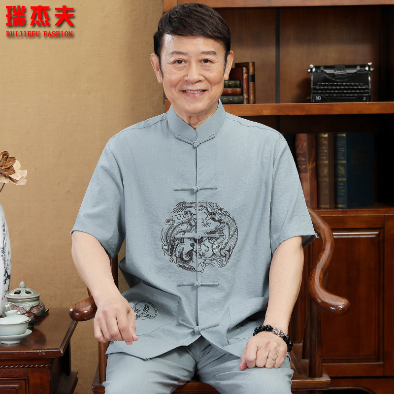 瑞杰夫旗舰店中国风唐装男短袖套装中老年人亚麻居士爸爸夏装中式刺绣大码汉服2