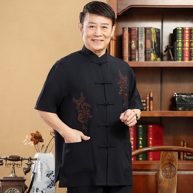 瑞杰夫旗舰店中国风唐装男短袖棉亚麻套装中老年人刺绣居士服中式汉服爸爸夏装0