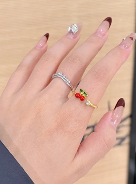 清新百搭新款上市合金甜美彩色滴油樱桃戒指女个性一对开口指环