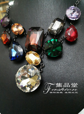 日韩水晶锆石独特罗马皇冠闪亮大宝石镶嵌夸张彩色不褪色特色项链