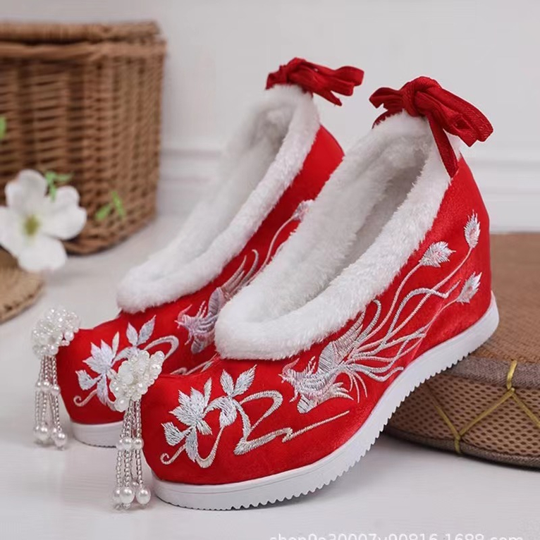 秋冬季新款加绒汉服鞋子女古风棉鞋内增高加棉刺绣花鞋汉元素布鞋 - 图3