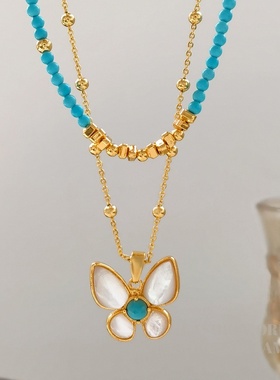 高级感小众天然石串珠项链女轻奢时尚蝴蝶颈链蓝色锁骨链2794