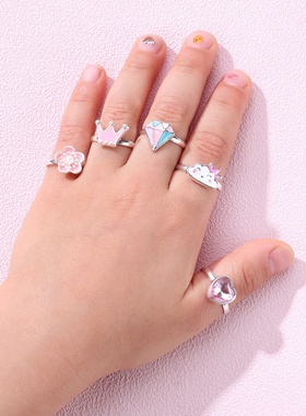 新款儿童五角星戒指盒套装调节戒圈合金滴油戒指五个装首饰品