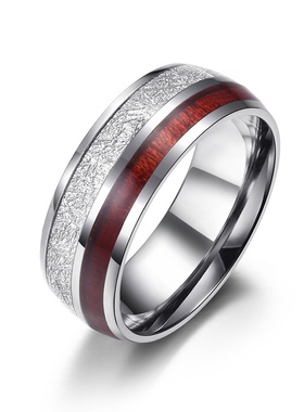 钛钢镶嵌银箔片碳纤维木片皮戒指