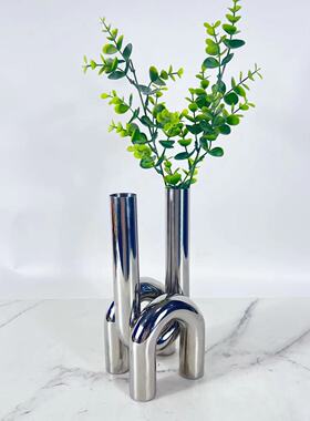 现代简约银色电镀不锈钢试管花插样板间售楼处客厅茶几玄关装饰品