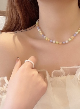 日韩国夏季小清新撞色花朵项链气质淑女颈链年新款锁骨链5265