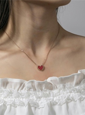 韩国东大门时尚红色爱心项链女简约玫瑰金桃心气质锁骨链吊坠