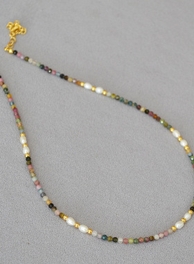 法式小众复古文艺彩色碧玺真石淡水米粒珍珠串珠短款细项链锁骨链