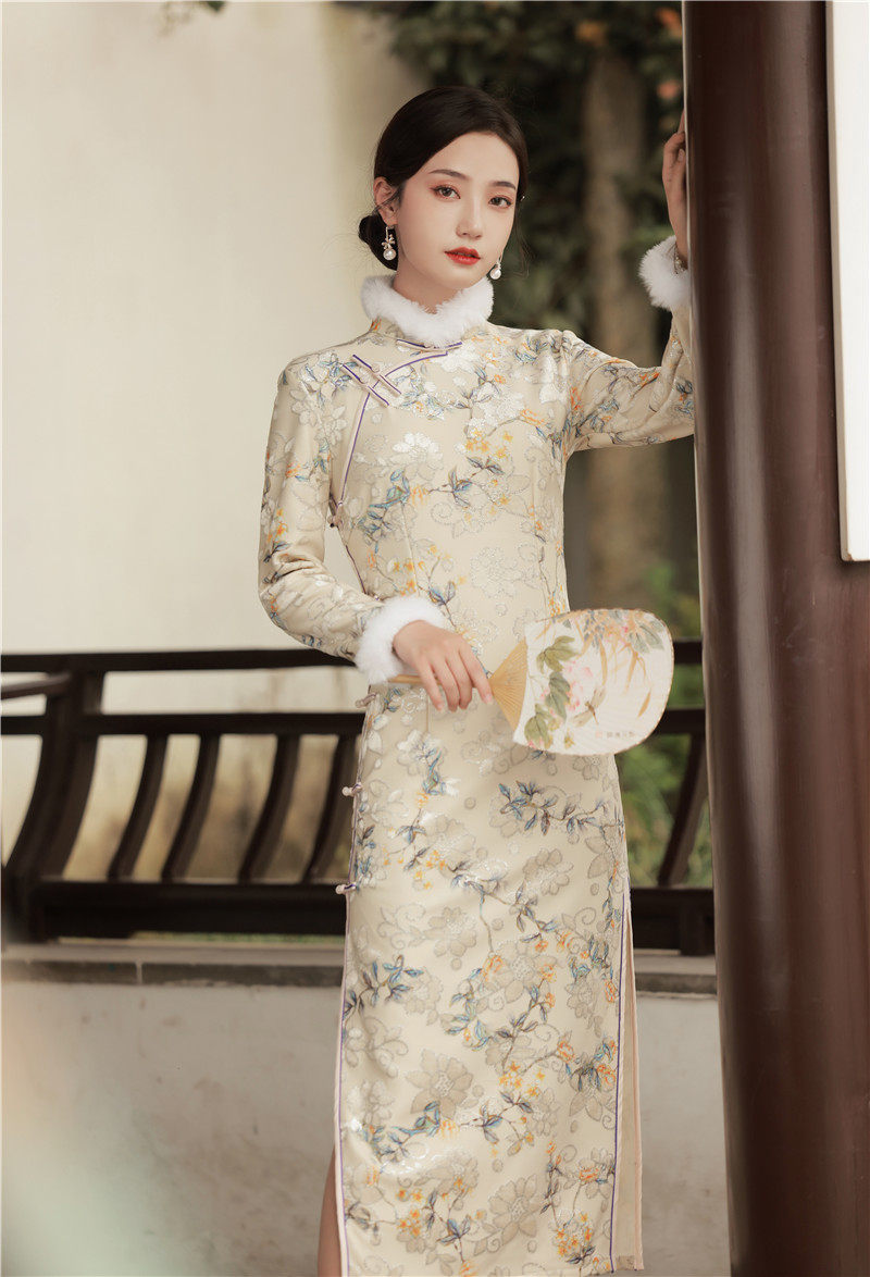 2021年冬季长袖优雅老上海长款旗袍 红舍旗袍