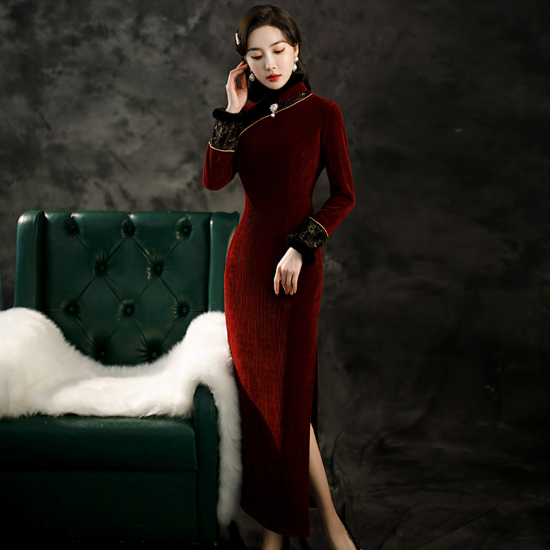 老上海长款旗袍2021年秋冬季连衣裙 红舍旗袍