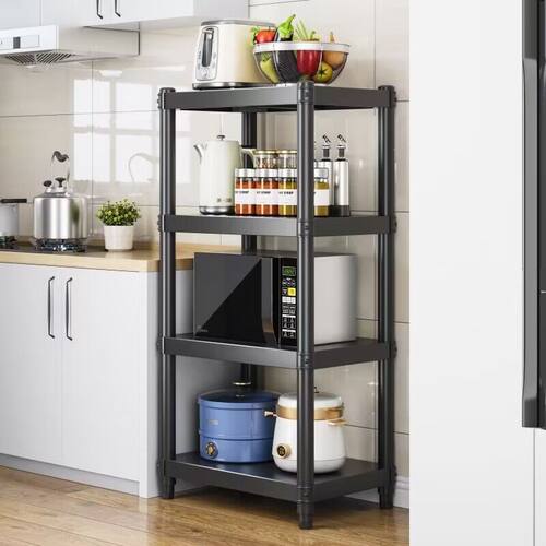 黑色正方形厨房置物架落地四层微波炉烤箱储物货架锅具收纳架家用 - 图1