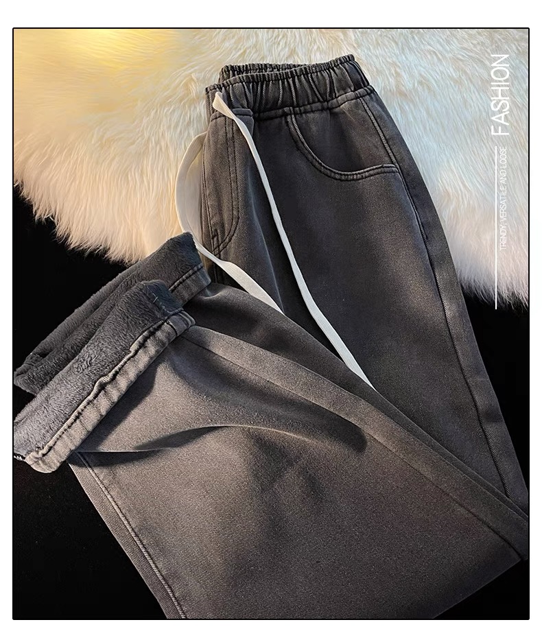 松紧腰加绒牛仔裤女冬季新款2023小个子宽松直筒加厚学生保暖长裤