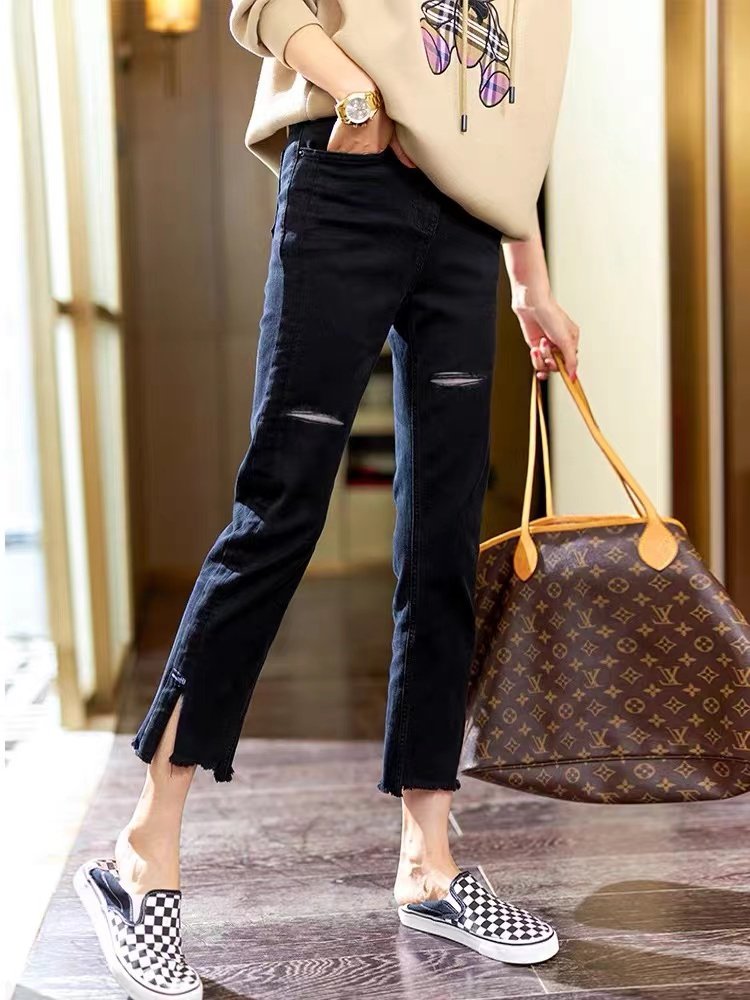 破洞牛仔裤女2025春秋新款小个子学生百搭显瘦直筒宽松设计感九分,淘宝优惠券,粉丝福利购,淘宝优惠卷