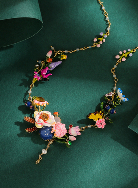 雏菊花朵蓝宝石麦穗珍珠流苏项链