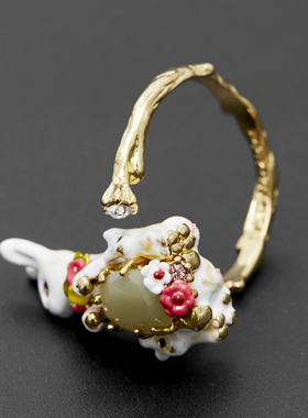 戒指开口可调节三只兔子玉石水晶