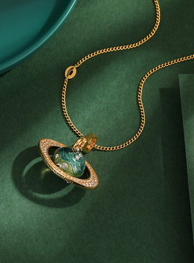 立体珐琅镶钻星球光环吊坠项链潮