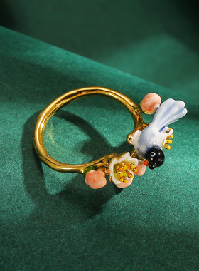 原创时尚双色花朵喜上眉梢小鸟指环珐琅彩釉开口可调节喜鹊戒指女