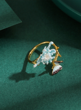 蓝色菊花花朵蝴蝶开口可调节戒指