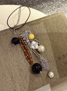 SUNNY长款乌托邦系列金属海螺流苏长款小众设计黑珍珠毛衣链百搭