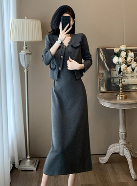 高级感灰色两件套连衣裙女秋冬